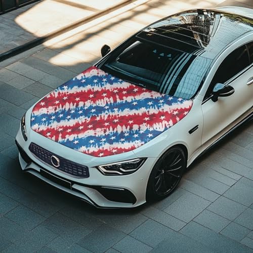 Image of Car Hood Cover All-Season Protection Car Hood Cover Protector Stretch American Flag Print Polyester Fabric Covers Removable Automotive Accessories Ft Fits Most Cars