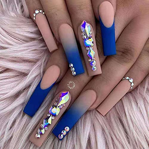 24 Pcs Press on Nails Long Coffin Fake Nails French Press on Nails Gradient Navy Blue Rhinestone Acrylic Fake Nails Tips Glossy False Nails Full Cover Nail Tips With Glue for Women and Girls