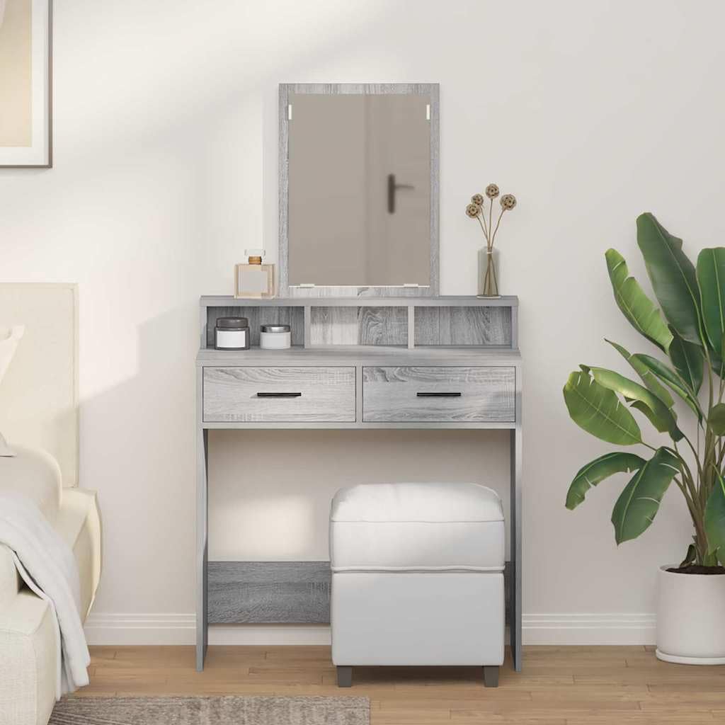 Tavolo da trucco grigio Sonoma in legno ingegnerizzato 79 x 41 x 140 cm con specchio piano e 2 cassetti, mobiletto consolle salvaspazio per camera da letto