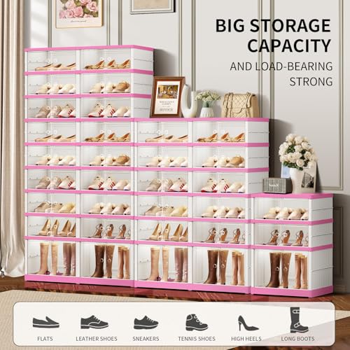 Image of CIMLORD 9-Tier Foldable Shoe Rack Organizer with Doors, 18 Pairs,White-Pink | Collapsible Slim Shoe Rack for 18 Pairs, Lidded Boxes, Stackable, Clear Door, Easy Assembly, for Closet