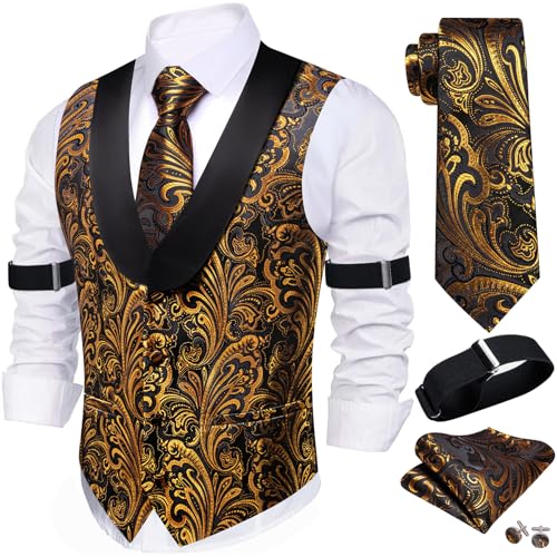 Image of Barry.Wang Mens Silk Lapel /Shawl Collar Vest Tie Sleeve Holder Set Formal /Casual Paisley Vests Wedding Tuxedo Waistcoat