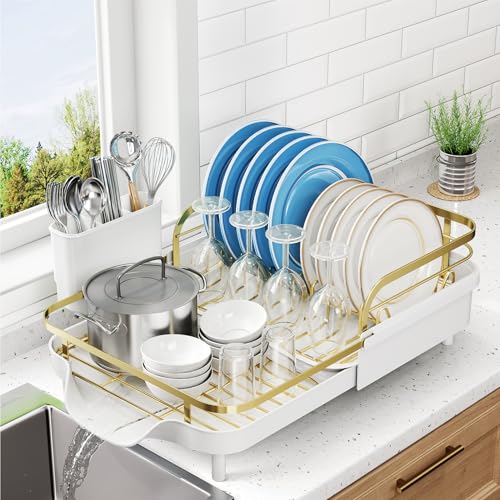 Image of SNTD Dish Drying Rack, Expandable Dish Rack for Kitchen Counter, Stainless Steel Dish Drainer with Drainboard Set and Utensil Holder (Gold)