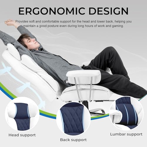 GTRACING Gaming Chair,Office Chair with Pocket Spring Lumbar Support, Ergonomic Comfortable Wide Office Desk Computer Chair with Outward Fixed Soft Armrests and Footrest (Fabric, Light Blue & White)