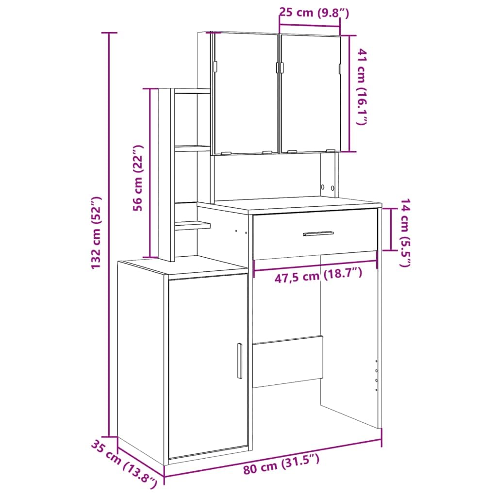 Schminktisch mit Schrank Weiß 80x35x132 cm aus Holzwerkstoff mit Spiegel und Schublade, Stauraum und Ablage für Schlafzimmer, Jugendzimmer und Make-up Styling
