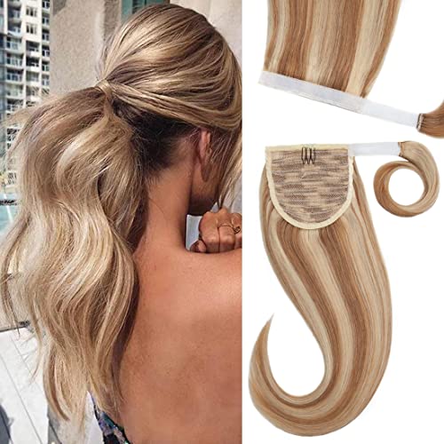 S-noilite Ponytail Extension Human Hair Clip in Balayage Ponytail Hair Wrap Around Binding Ponytail Hair Piece 100% Real Human Hair Straight 14 Inch (#18/613 Ash Blonde/Bleach Blonde)