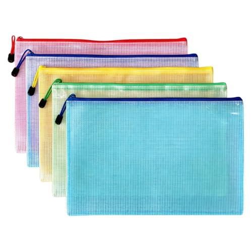 YANJINGSHE A3 Zip Wallets 5 Pack Plastic Mesh Zipper Pouches 5 Colors