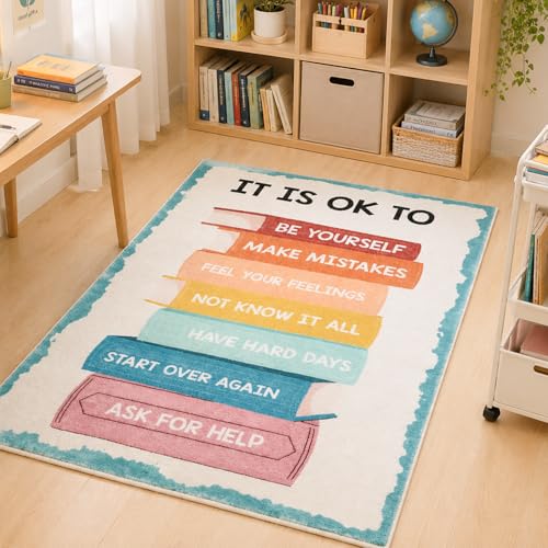 MotiMind 2.62 x 3.94 ft Rainbow Calming Corner Rug Calm Down Corner Mat for Classroom Soft Fluffy It's ok to Carpet Mental Health Educational Rug for Preschool Homeschool Decor Back to School Gifts - Image 4