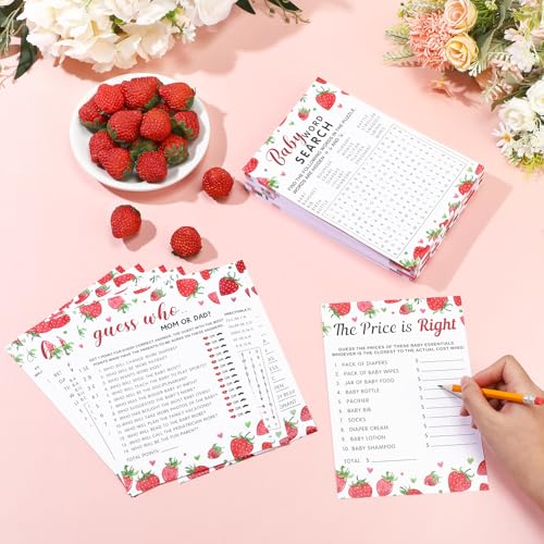 Image of Jetec 302 Pcs Strawberry Theme Baby Shower Games, 6 Games, 50 Sheets Each, Baby Shower, Word Scramble, Word Search, Predictions and Advice, The Price is Right