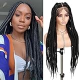 quickwig Knotless Box Braided Wig 360 Full Lace Jumbo Braided Wigs for Women Braided Lace Front Wig with Baby Hair Glueless Synthetic Handmade Braids Wig (1B, 36 Inch)