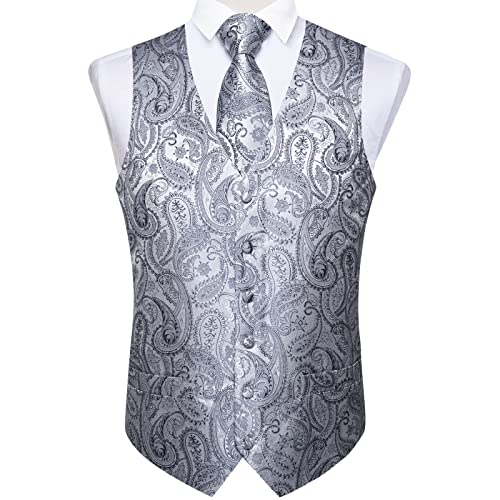 Dibangu Men's Sliver Grey Paisley Waistcoat And Necktie Pocket Square Cufflink Vest Suit Set For Tuxedo Wedding Party #TOP2