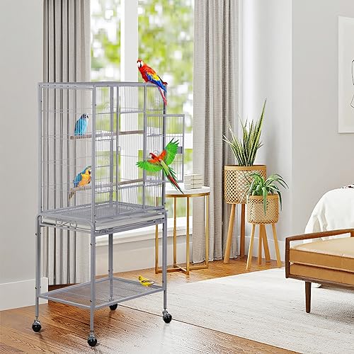 ZENY-53-Inch-Bird-Flight-Cage-Wrought-Iron-Standing-Large-with-Rolling-Stand-for-Cockatiels-Pet-Parrot-Parakeet-Lovebird-Canary-Finch-White