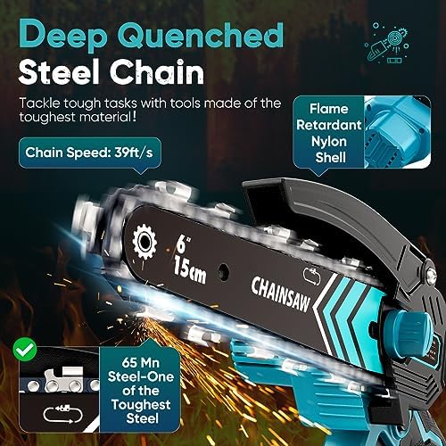 8000mAh Mini Chainsaw Cordless 6 Inch, 2024 Powerful Electric Battery Life of 80-100 Minutes Chainsaw with 1 x Oil Bottle, 2 Chain and Guide Bar,Security Lock, Wood/Tree Saw for Garden Tree Trimming