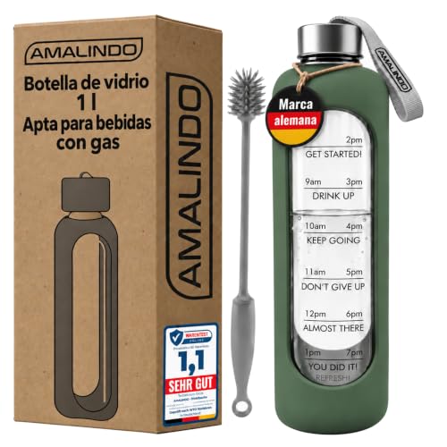 Amalindo Botella de Agua de Cristal 1 L para Bebidas con Gas, Verde Oliva | Vidrio de borosilicato, con cepillo y funda de silicona