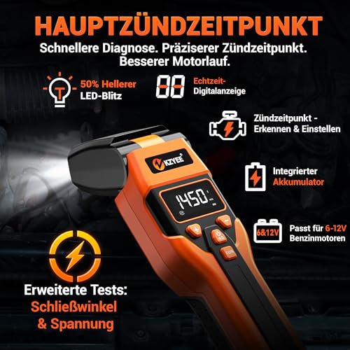KZYEE KT80 Zündlichtpistole für 6-12V Benzinmotor (2/4-Takt), Digitale Stroboskoplampe mit Schließwinkel- & Spannungstest/Advance & RPM, Upgrade LED Zündzeitpunktpistole mit eigener Stromversorgung