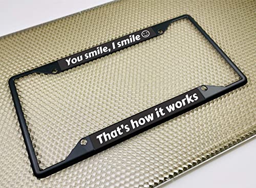 Image of Personalized with Custom Text Design - 4 Hole Black Metal Laser Engraved US Standard Size - Car License Plate Frame with Free caps - Black /White Text (Qty: 1 Frame)