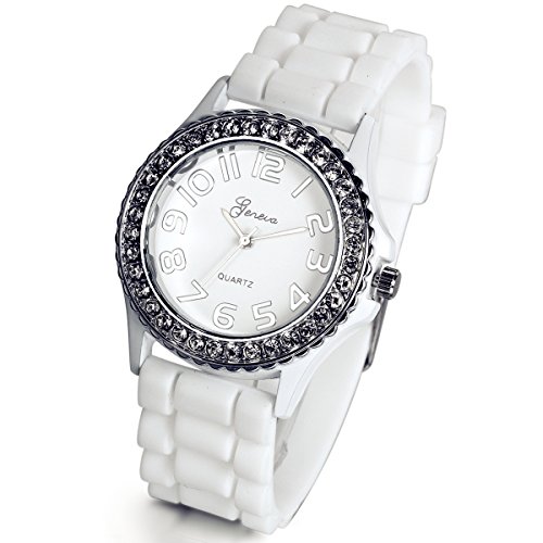 Lancardo - Orologio rotondo con quadrante bianco e strass e cinturino in resina testurizzata