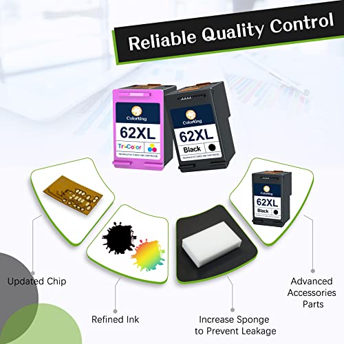 Colorking 62Xl Ink Cartridges Black And Color Replacement For Hp 62Xl 62 Xl Ink Cartridges To Used With Hp Envy 7640 7645 5660 5540 5640 Officejet 5740 8040 Officejet Mobile 250 200 (Black, Tri-Color) #TOP4