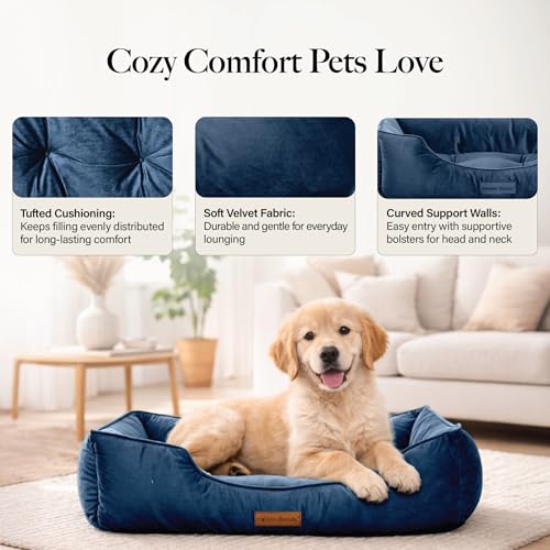 Image of Modern Threads Luxury Dog Bed - Comfortable Tufted Velvet Cushion for Small to Large Dogs - Machine Washable - Durable & Cute Sleep Space for Pets - Pamper Your Pet with Cozy Beds - Denim
