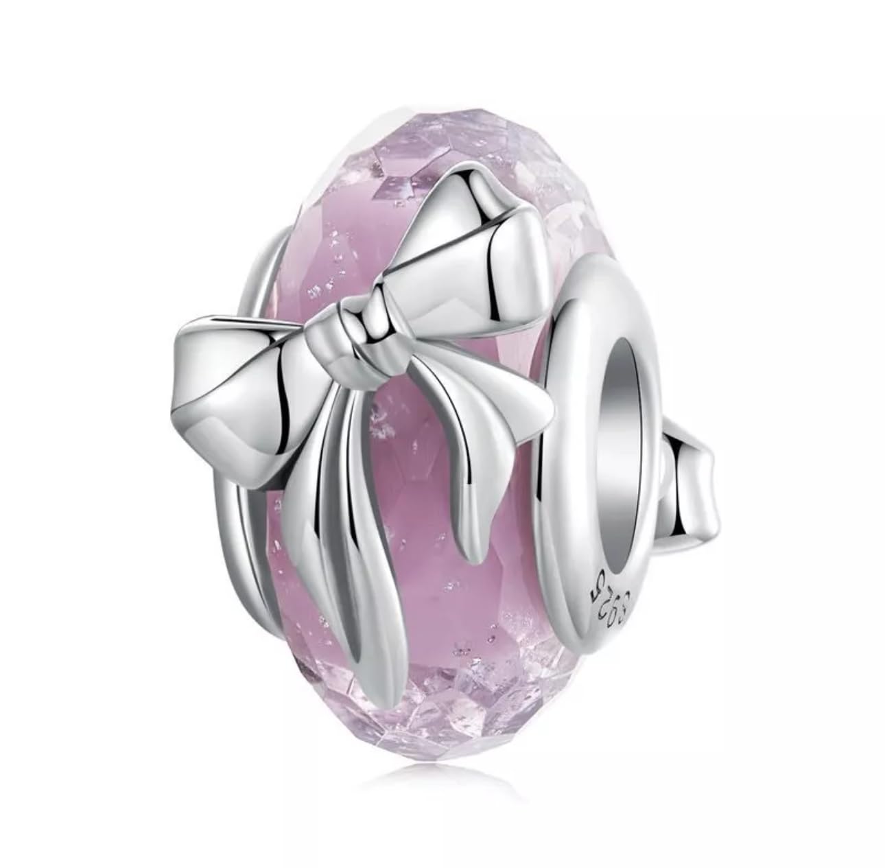 Charm-Anhänger aus Muranoglas mit rosa Schleife, echtes 925er-Sterlingsilber, kompatibel mit Pandora-Armbändern