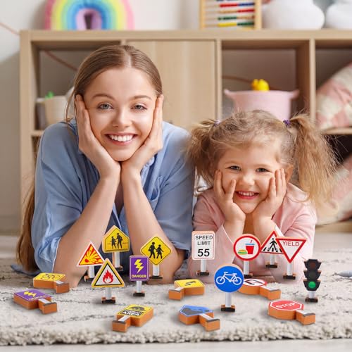Image of Blosssound Wooden Toys Set for Preschool Classroom - Multicultural Career People Blocks Educational Wooden Play for Kids Learning Toys Play Games Activity Supplies(32 Pcs,Traffic Signals)