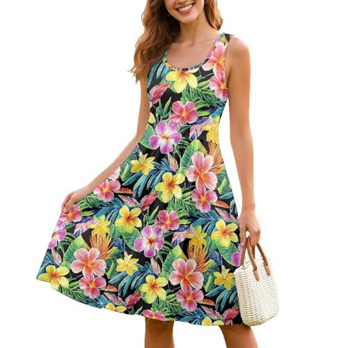 Image of Women Stylish Tank Dresses Sleeveless Round Neck Midi Casual Dress with Pocket for Summer