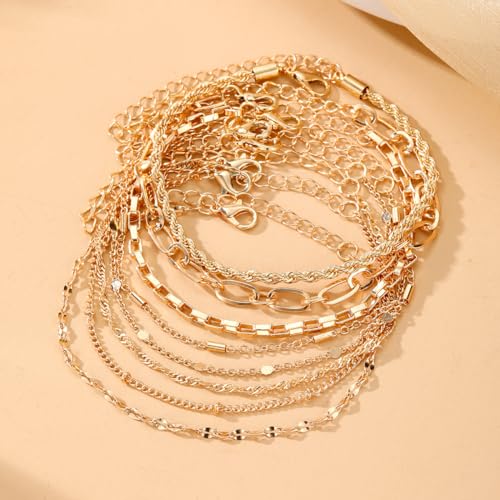 IFKM Gold Bracelets for Women, 14K Gold Plated Dainty Link Chain Bracelet set, Trendy Stackable Layered Bracelets jewelry Gifts - Thumbnail 4