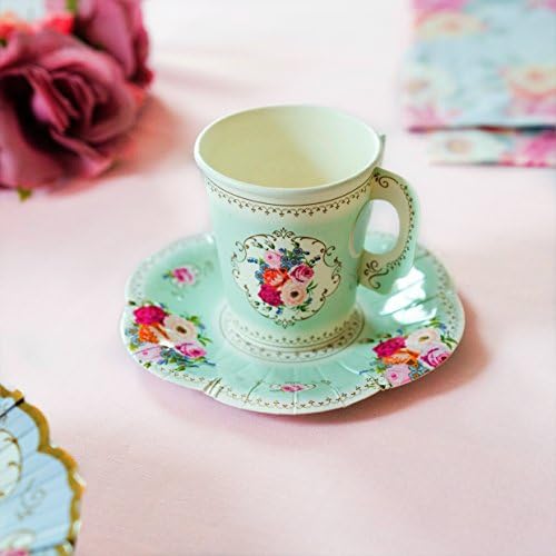 Talking Tables Pack of 12 Vintage Floral Afternoon Tea Saucer Truly Scrumptious | for Adults or Kids Birthday Party, Baby Shower,and Wedding, Paper, Cup Set Mint, Height 8cm, 3"