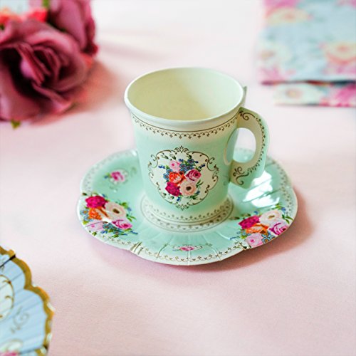 Talking Tables Pack van 12 Mintgroene Vintage Afternoon Tea kopjes en schotel | Echt heerlijk | Wegwerpservies voor… - Afbeelding 3