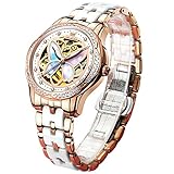 OLEVS Butterfly Watches for Women White Ceramic Watch Large Face Automatic Self Winding Women's Skeleton Watches Rose Gold Stainless Steel Bracelet Diamond Accent Ladies Watch Reloj para Mujer