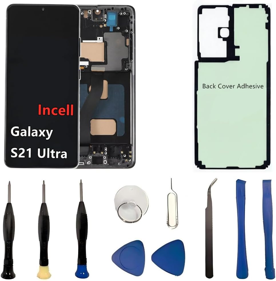 INCELL for Samsung Galaxy S21 Ultra Screen Replacement S21Ultra 5G LCD Display SM-G998U SM-G998U1 Display Touch Screen Assembly No Fingerprint. (with Black Frame+Back Cover Adhesive+Tools)