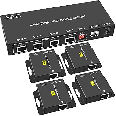 VEDINDUST HDMI Extender Splitter 1x41080P@60Hz Extending 165ft (50m) Length Transmission Over CAT5e/CAT6/CAT7 Cable, 4 Channel Transmission Only 1 Power Adapter Cover