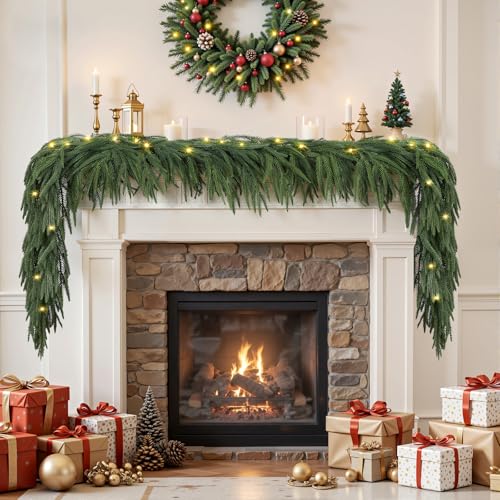 9ft Artificial Christmas Garland with Lights, Real Touch Norfolk Pine Garland - Pine Garlands, Green Christmas Garland for Mantle, Table, Fireplace, Indoor, Outdoor Christmas Decorations