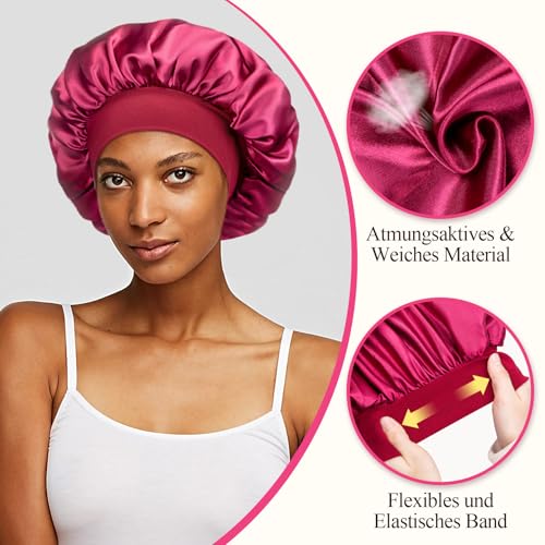 Foto von Kiiwah 2 Stück Schlafmütze Satin Bonnet Nacht Schlaf Mütze Verstellbare Schlafkappe Kopfbedeckung Weiche Kopfhaube Schlafhaube Seide mit Gummizug für Damen und Mädchen (Schwarz, Rot)