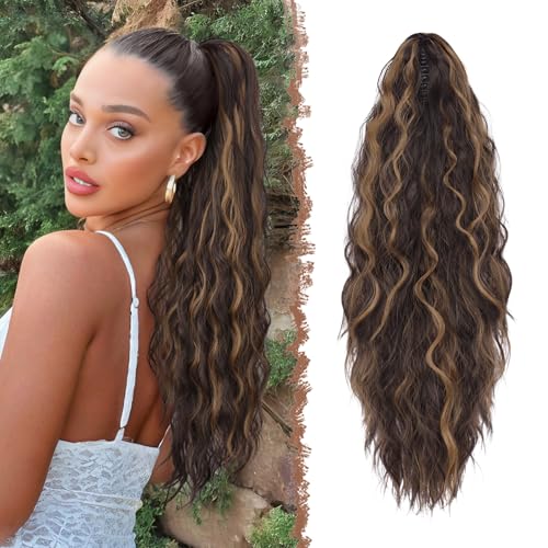 FESHFEN Coleta Postiza Pelo Natural con Pinza Cola Postiza Largo Ondulado Rizado Rubio Fresco Resaltado Marrón Sintética Extensiones Coleta Postizos para Mujeres, 65 cm
