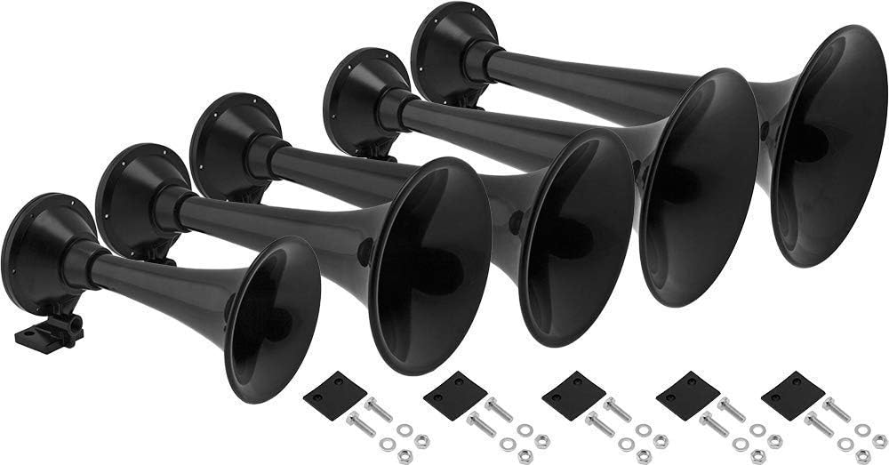 Vixen Horns Train Horn for Truck/Car. Heavy Duty ABS 5 Air Horn Black Trumpets. Super Loud dB. Fits 12v Vehicles like Semi/Pickup/Jeep/RV/SUV Bundle