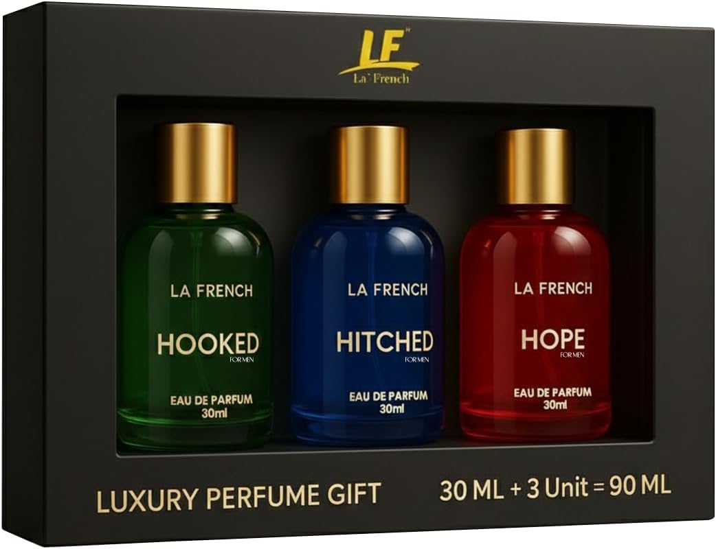 La French Perfume Gift Set for Men 3x30 ML Hooked Hope Hitched Best Gift Hamper Perfume | Long Lasting | Citrus Spicy & Musky Fragrance | Date night fragrance | Best Gift Set For Men
