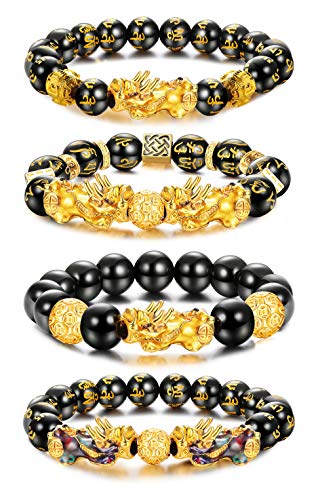 YADOCA 4 Pcs Feng Shui Bracelets Set for Men Women Black Obsidian Wealth Bracelets Good Lucky Pi Xiu Bracelets 12mm Bead Adjustable Elastic