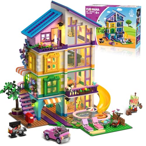 CUBIMANA Friends Mädchen Haus Bauspielzeug mit LED Licht - Freunde Villa Bausteine mit Rutsche und Auto, 1317PCS Häuser Baukasten Weihnachten Geburtstags Geschenk für Mädchen Jungen Kinder ab 8+ Jahre