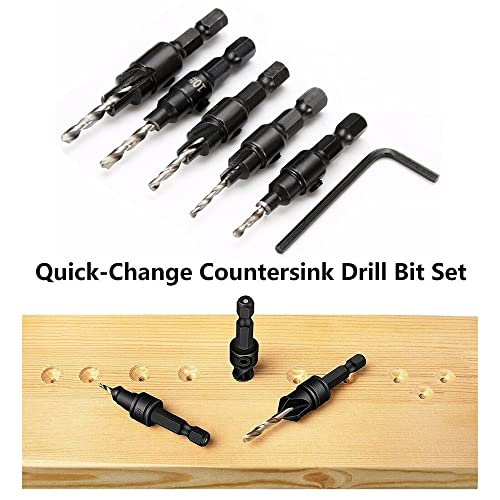 Saipe 5Pcs Wood Countersink Drill Bit Set Hex Shank Quick Change Counter Sinker Pre Hole Drill Bit Set Screw Counterbore Bit Pilot Bit Set #5, 6, 8, 10, 12 For Woodworking And Carpentry #TOP5