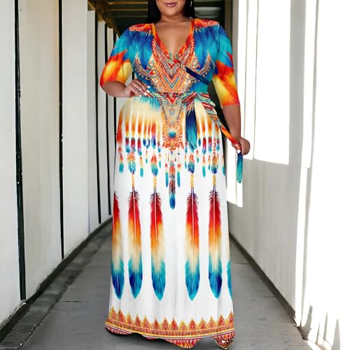 Image of SUZONANA Plus Size Maxi Dresses for Curcy Women Casual Loose 3 /4 Sleeve Long Dress with Belt