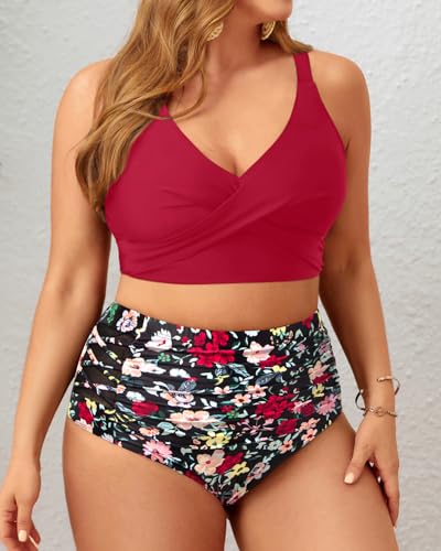 Plus Size Two Piece Swimsuit - High Waisted Bikini Set Tummy Control Bathing Suits for Women3