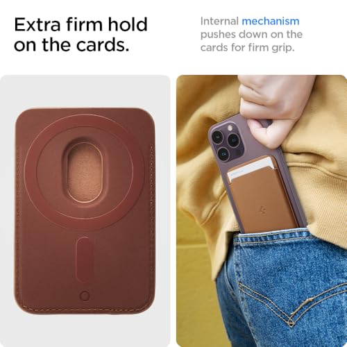 Image of Spigen Valentinus (Magfit) Magnetic Card Holder up to 3 Cards, Faux Leather MagSafe & Pixelsnap Wallet Compatible with iPhone 17 /16 /15 /14 /13 /12 Models, Pixel 10 Series - Brown