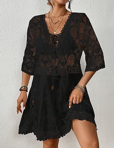 Bsubseach Women's Contrast Lace Bathing Cover Up V-Neck Coverups Hollow Out Beach Dress for Swimwear Drawstring Coverups2