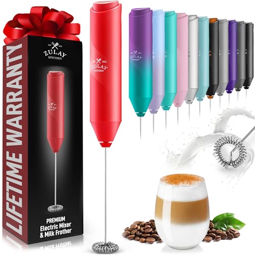 Image of Zulay Kitchen Milk Frother Handheld Battery Operated - Electric Drink Mixer for Coffee, Lattes, Cappuccinos, Matcha & Hot Chocolate - Portable Foam Maker & Coffee Bar Accessory - Apple Red