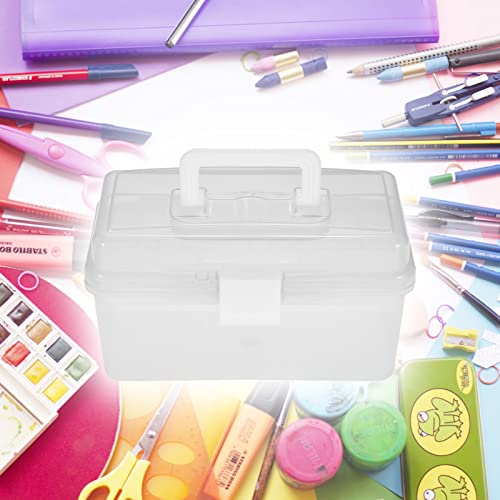 Image of Craft Storage Container with Handle 2 Layer Stack Carry Portable Plastic Bin Case Used for Organizing Stationery Sewing Jewelry Beauty Supplies (White)