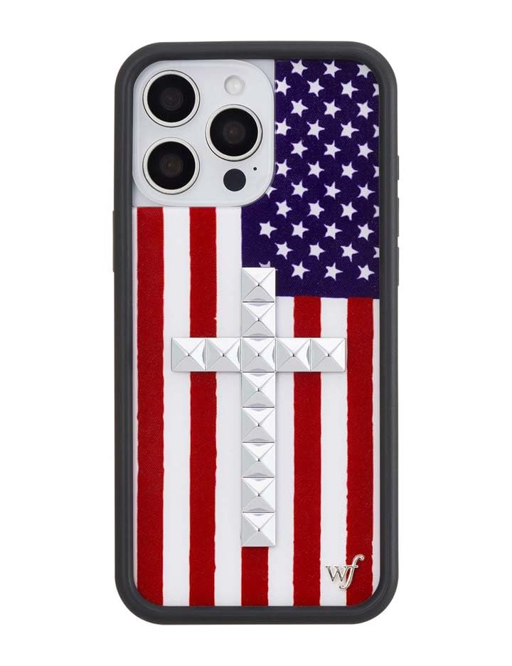 Image of Wildflower Cases - Compatible with iPhone 16 Pro Max | Protective Black Bumper, 6.5ft Drop Test Certified, Women Owned Small Business | Stud Cross American Flag