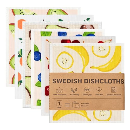 HIVTE Bayeta Sueca - Pack de 6 paños de Cocina suecos, bayetas de Esponja de celulosa Natural Absorbente, Trapos de Limpieza ecológicos sin plástico para Cocina y hogar (Frutas)
