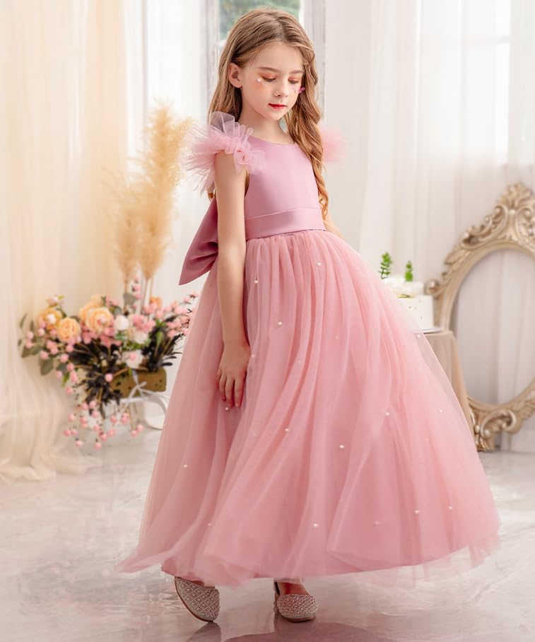V-Back Satin Flower Girl Dress Kids Puffy Tulle Formal Dresses d Princess Pageant Dress Embellished with Pearls2