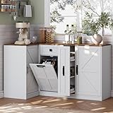 Corner Cabinet with Countertop, Kitchen Pantry Cabinet with Hidden Trash Storage Cabinet & 3-Tier Spice Rack, Farmhouse L-Shaped Sideboard with Doors & Adjustable Shelf for Dining Room, White