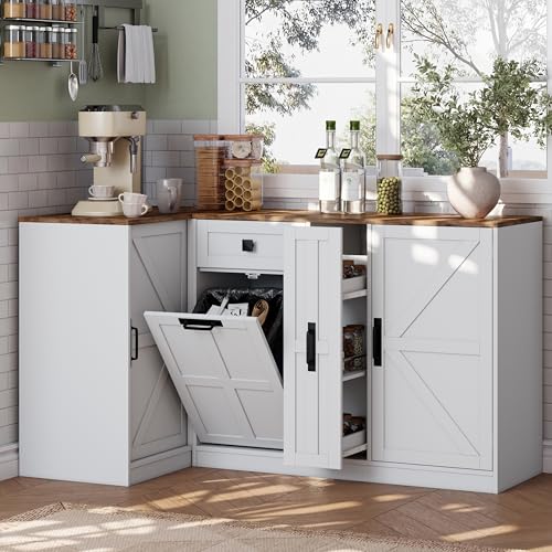 Corner Cabinet with Countertop, Kitchen Pantry Cabinet with Hidden Trash